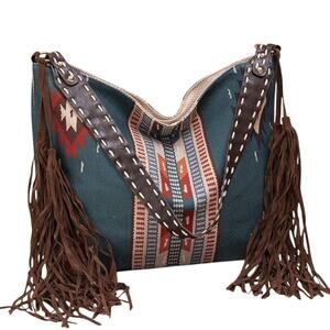 Southwestern Design Fringe Tassel Hobo Shoulder Bag Teal Blue Orange Tan Brown